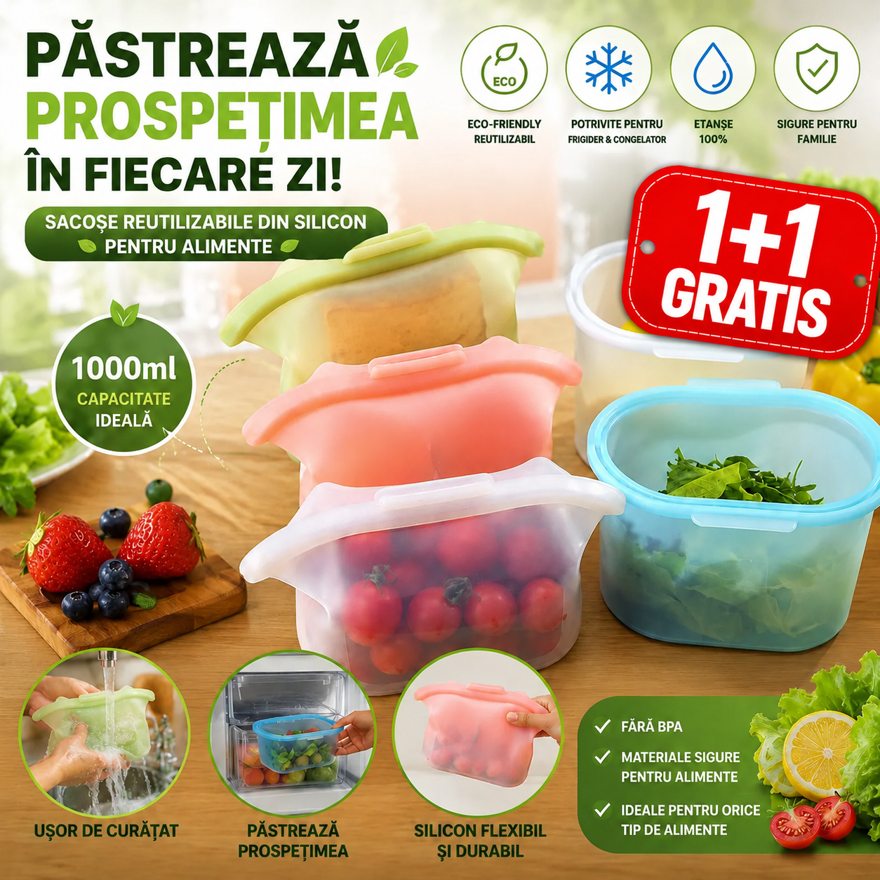 (1+1 GRATIS) Pungi Reutilizabile din Silicon FreshBag™